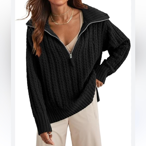 Aerie Cable‎ Car Quarter Zip Sweater Black size Small Oversized Chunky Knit - Picture 8 of 8
